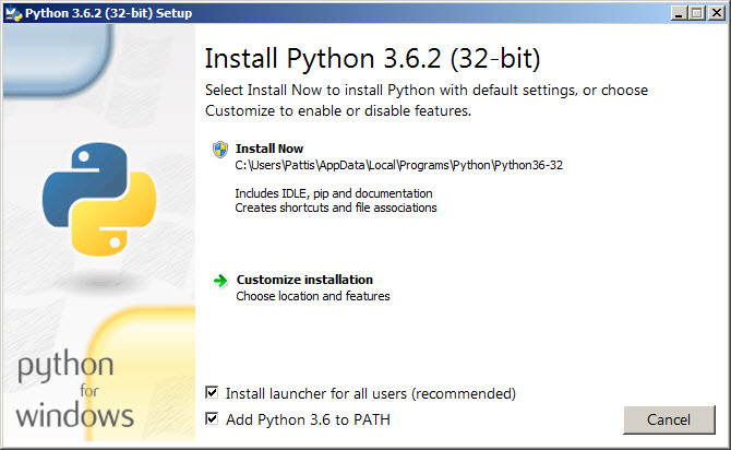 Экран установки Python 3.6.2 на Windows
